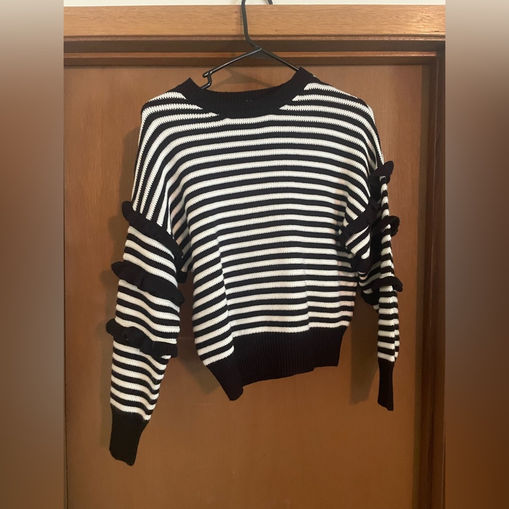 Cotton Emporium Black & White Striped Sweater with Ruffle Sleeves